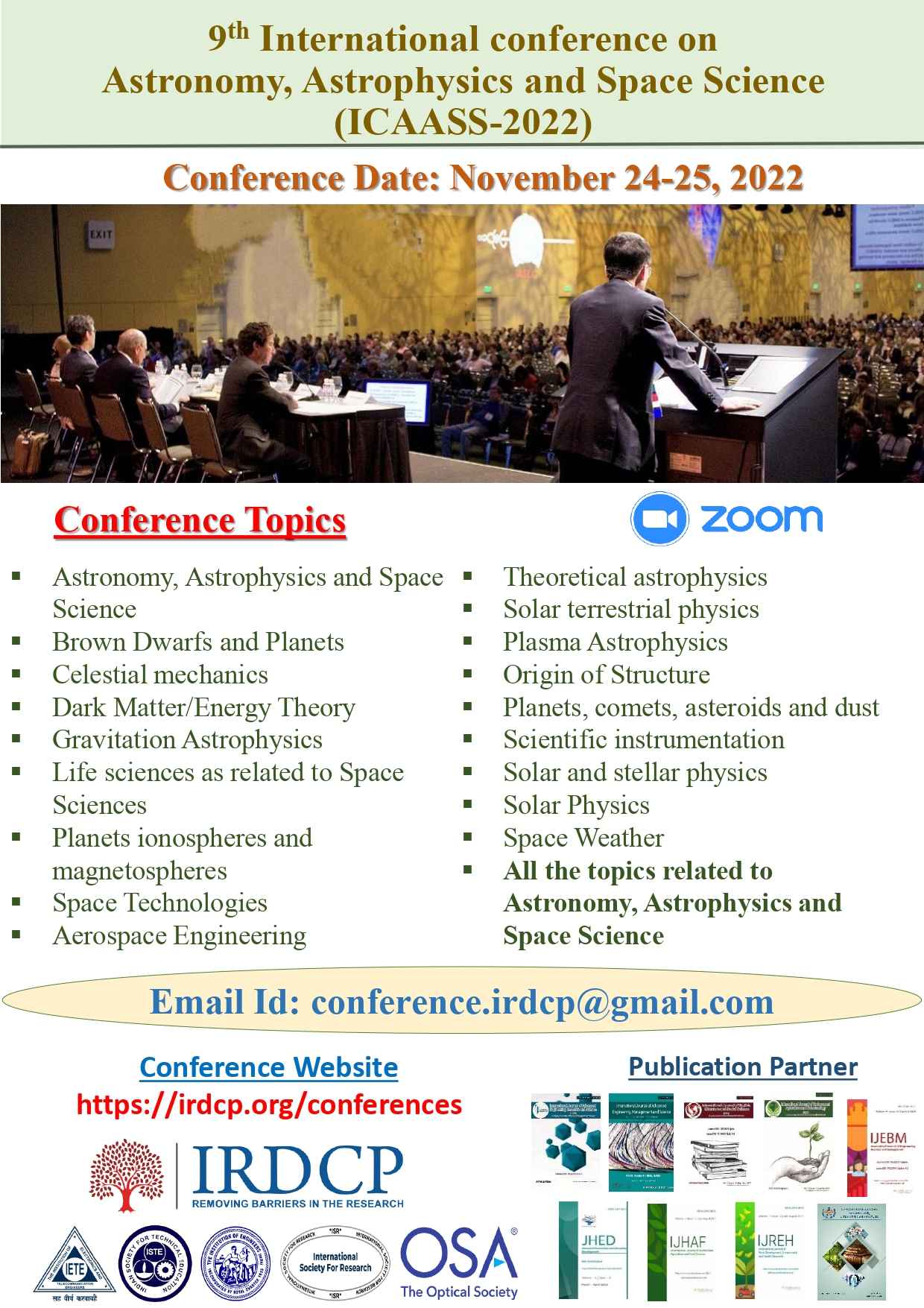 9th International conference on Astronomy, Astrophysics and Space